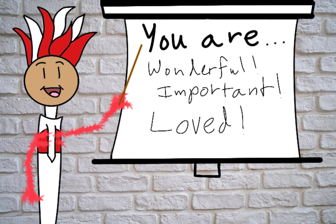 Drawing of Peppy pointing at a presentation screen with the words 