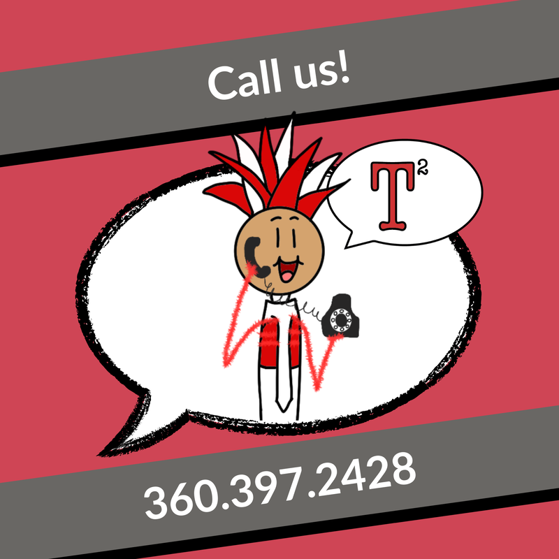Call us 360.397.2428 - Image of Peppy inside of a speech bubble, answering a rotary phone