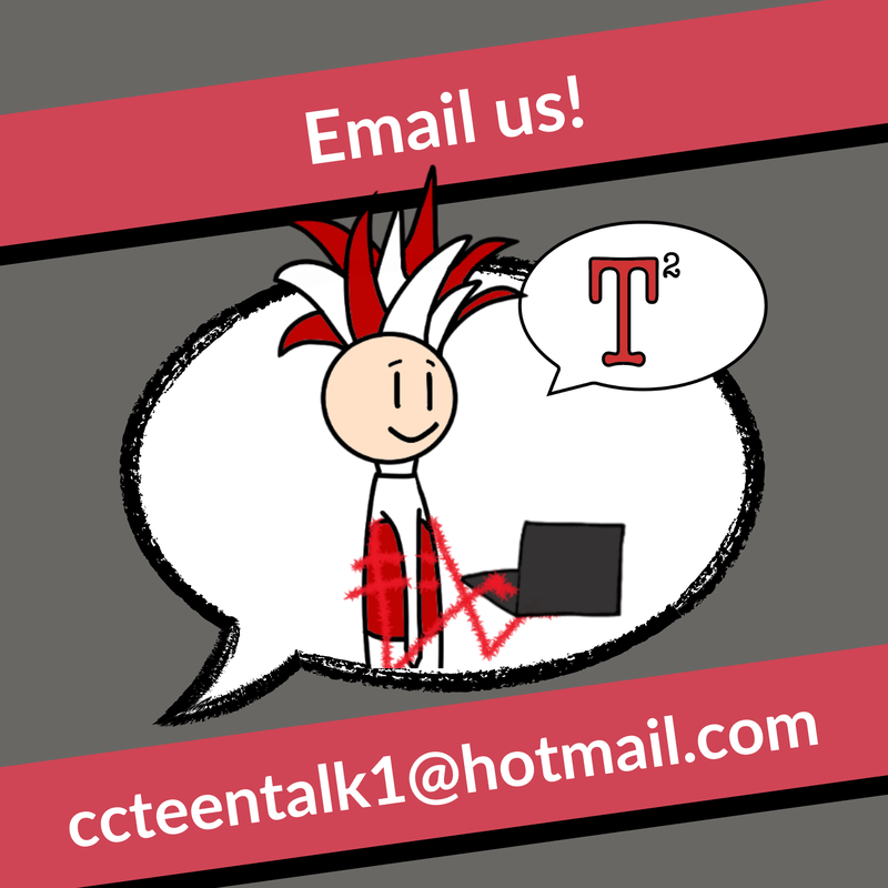 Email us at ccteentalk1@hotmail.com - Image of Peppy inside of a speech bubble, holding a laptop
