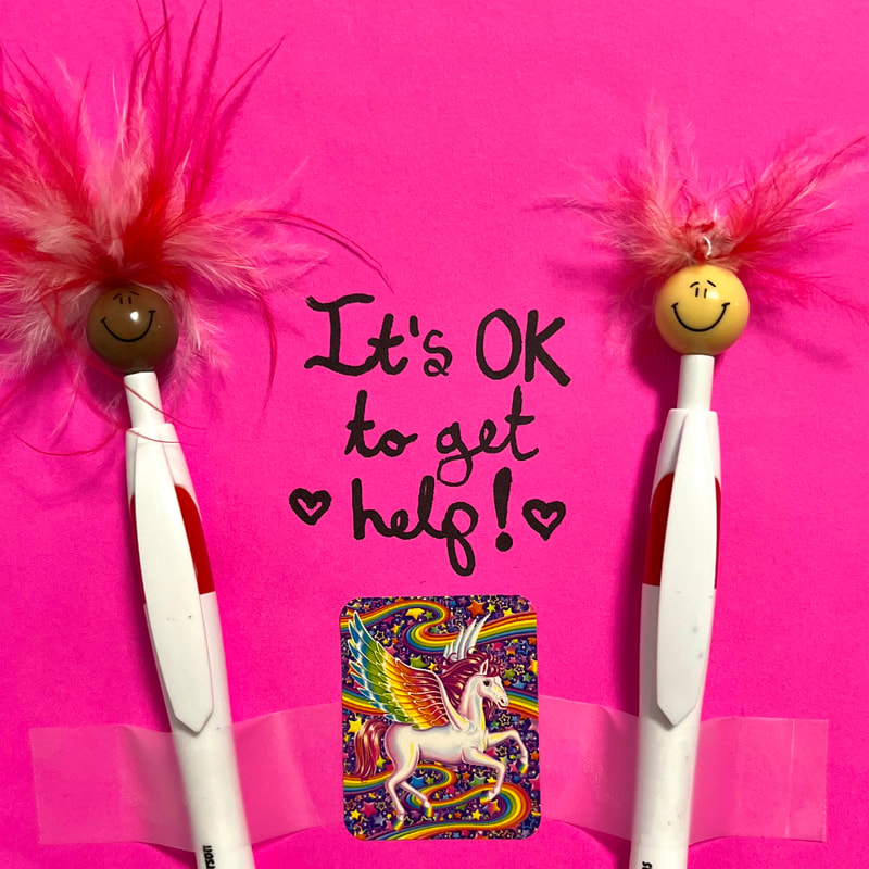 Two Peppys on a pink background with a unicorn and 'It's OK to get help' in the middle