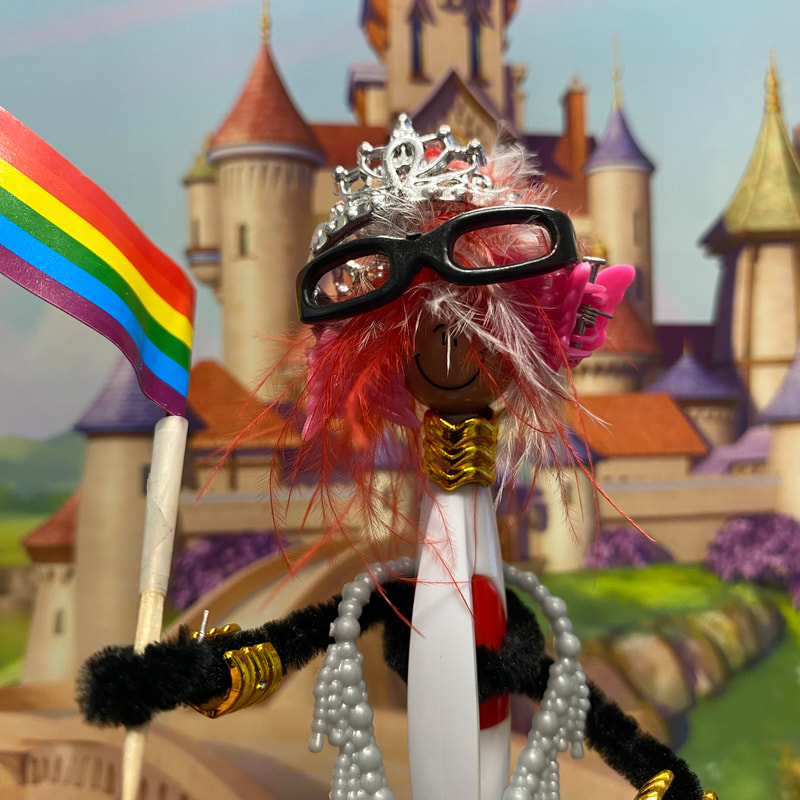Peppy wearing lots of accessories while holding a Pride flag in front of a castle