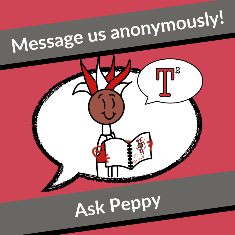Message us anonymously on Ask Peppy - Image of Peppy inside of a speech bubble, holding a TeenTalk journal