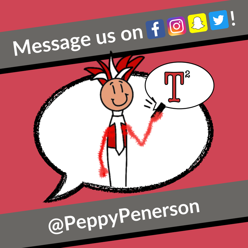 Message us on Facebook, Instagram, Snapchat or Twitter @PeppyPenerson - Image of Peppy inside of a speech bubble, holding a cell phone