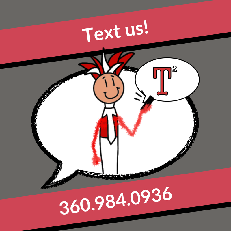 Text us 360.984.0936 - Image of Peppy inside of a speech bubble, holding a cell phone